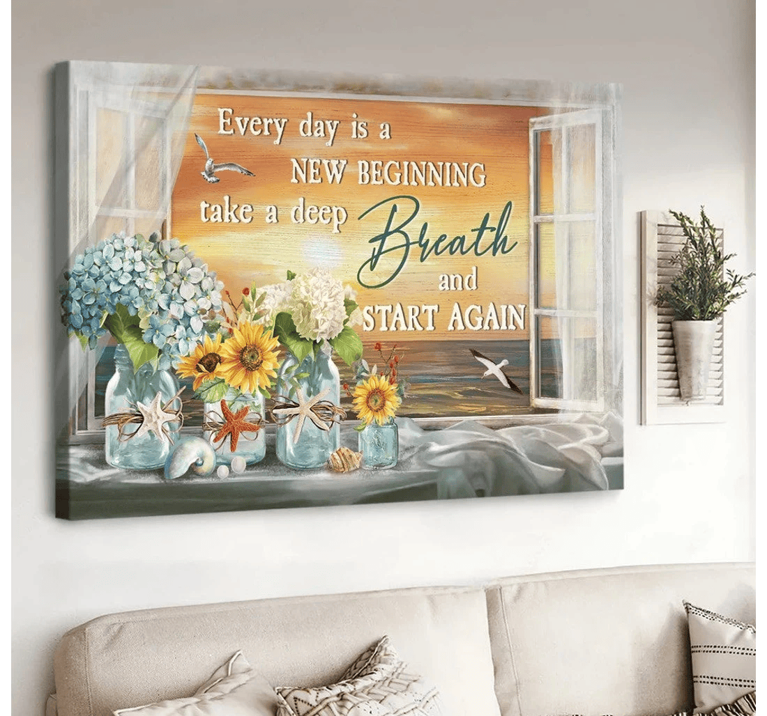 Poster, Canvas - Flower Vase Pretty Sunset Seagull Every Day Is A New Beginning Matte Print Framed Wall Art