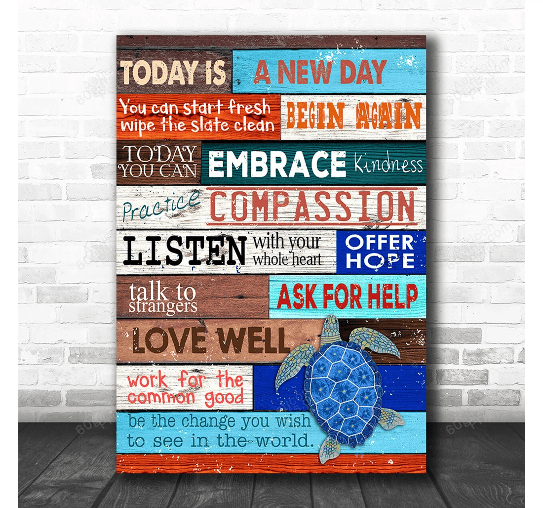 Poster, Canvas - Today Is A New Day Turtle Coastal Print Framed Wall Art