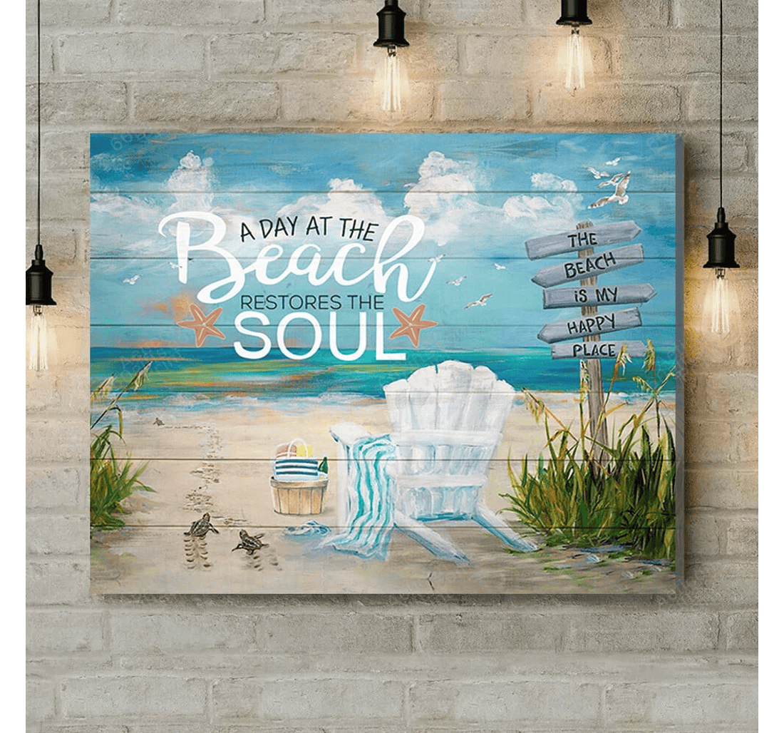 Poster, Canvas - A Day At The Beach Turtle Coastal Print Framed Wall Art