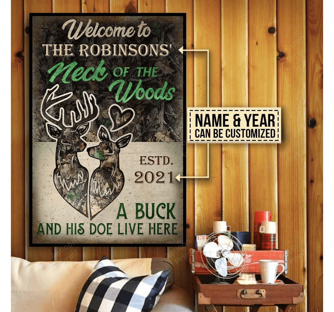 Poster, Canvas - Personalized Deer Couple Camo Welcome Neck Of Woods Print Framed Wall Art