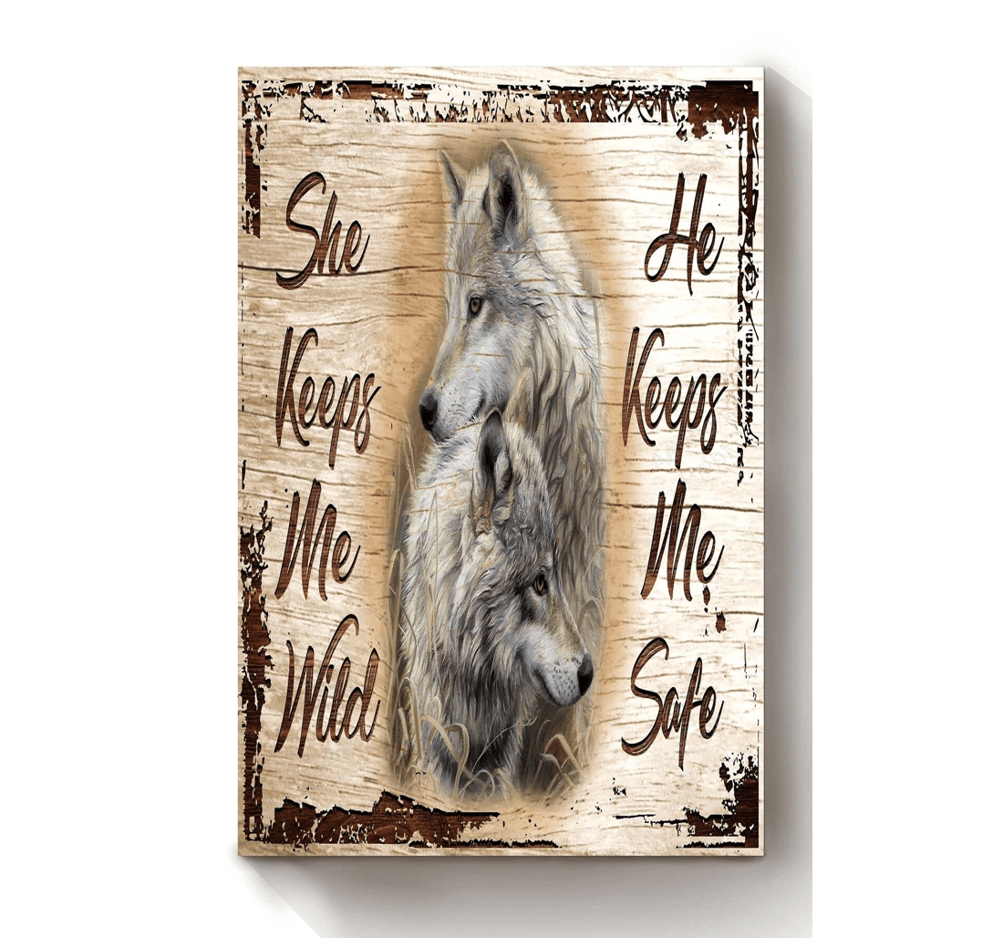 Poster, Canvas - Wolf Couple Love Husband And Wife In Valentine Wedding Print Framed Wall Art