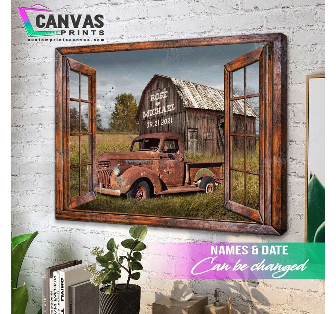 Poster, Canvas - Personalized Name Valentine's Day Wedding Present Customized Vintage Truck Print Framed Wall Art