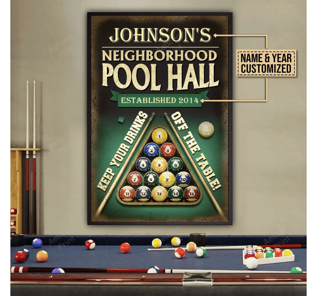Poster, Canvas - Personalized Billiard Neighborhood Pool Hall Off The Table Print Framed Wall Art