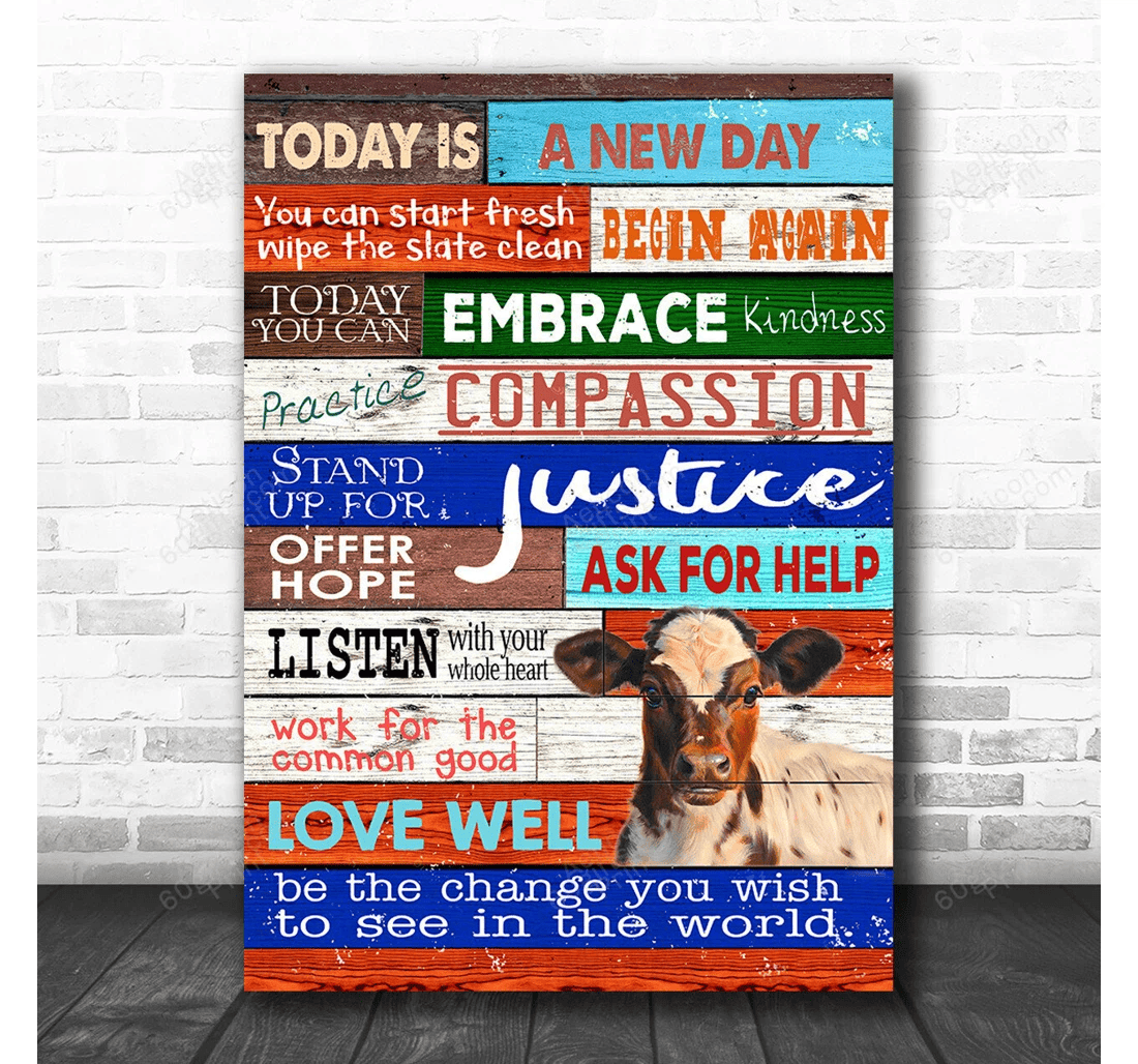 Poster, Canvas - Today Is A New Day Cow Print Framed Wall Art