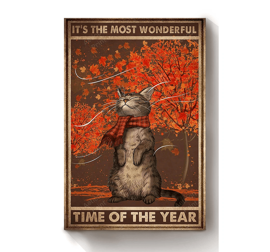 Poster, Canvas - It's The Most Wonderful Time Of Year Cat In Autumn Cat Lover Print Framed Wall Art