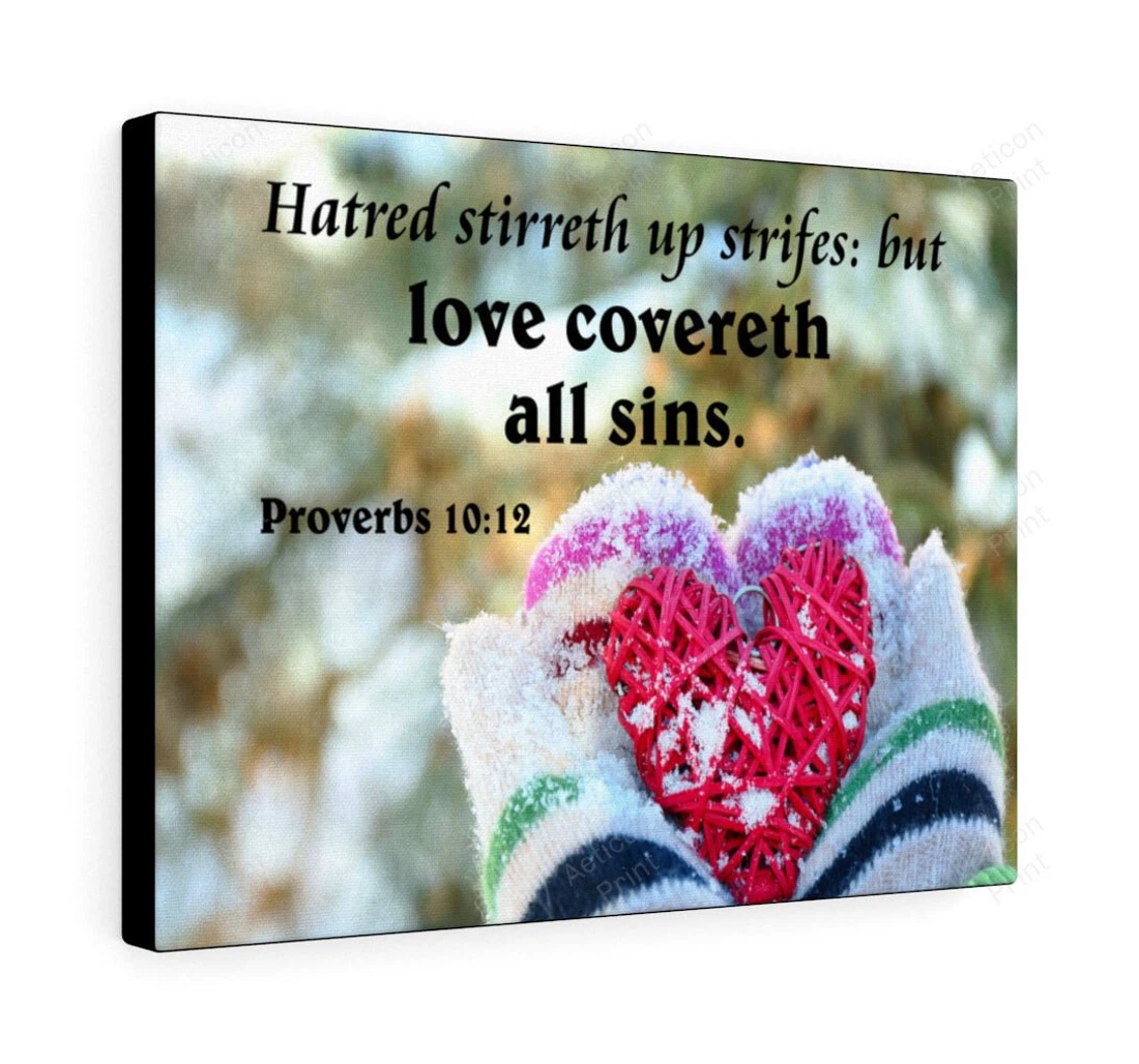 Poster, Canvas - Bible Verse Love Covereth All Sins Proverbs 10 12 Christian Scripture Print Framed Wall Art