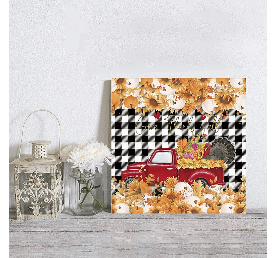 Poster, Canvas - Thanksgiving Turkey Floral Truck Pumpkin Plaid Square Print Framed Wall Art