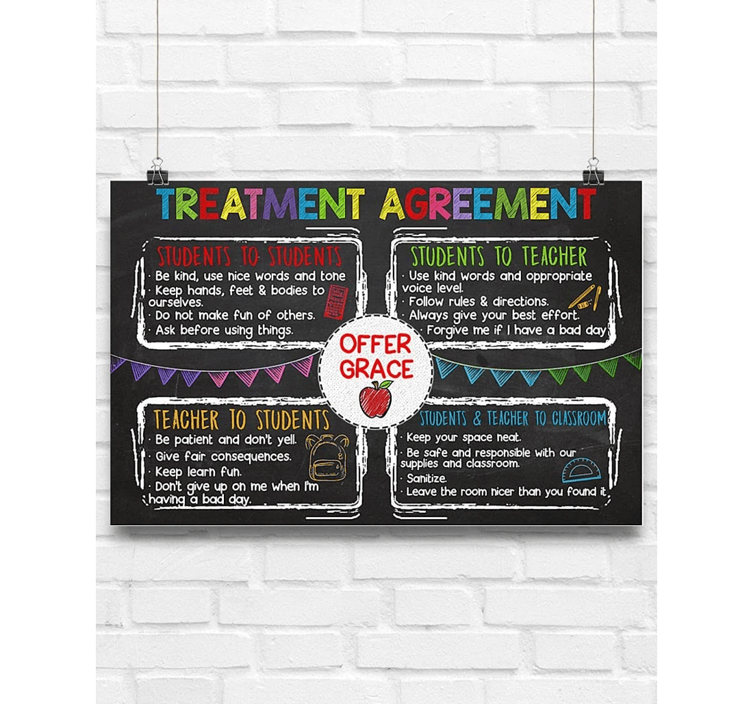 Poster, Canvas - Treatment Agreement Offer Grace Funny Agreement Chalkboard Teacher And Student Agreement And Print Framed Wall Art