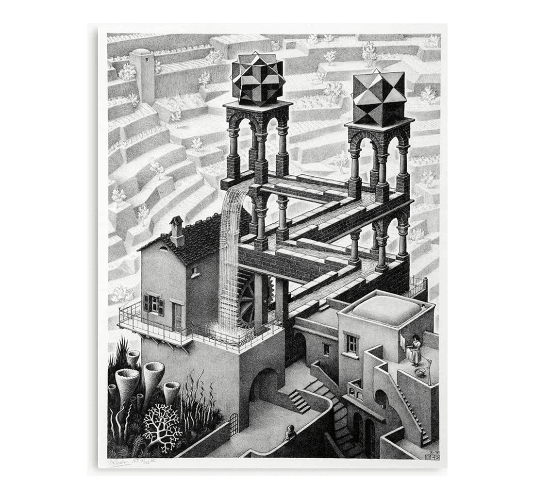 Poster, Canvas - Mc Escher Waterfall Tshirts To Hotel Bathr Print Framed Wall Art