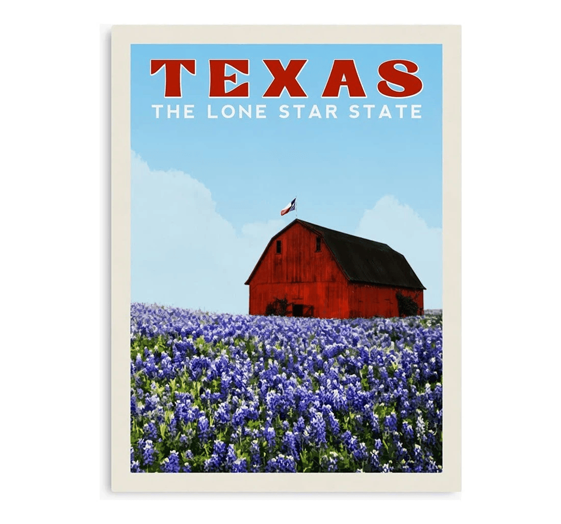 Poster, Canvas - Texas Travel Bluebonnets• The Lone Star State Travel • Texas Farm Trendy Print Framed Wall Art