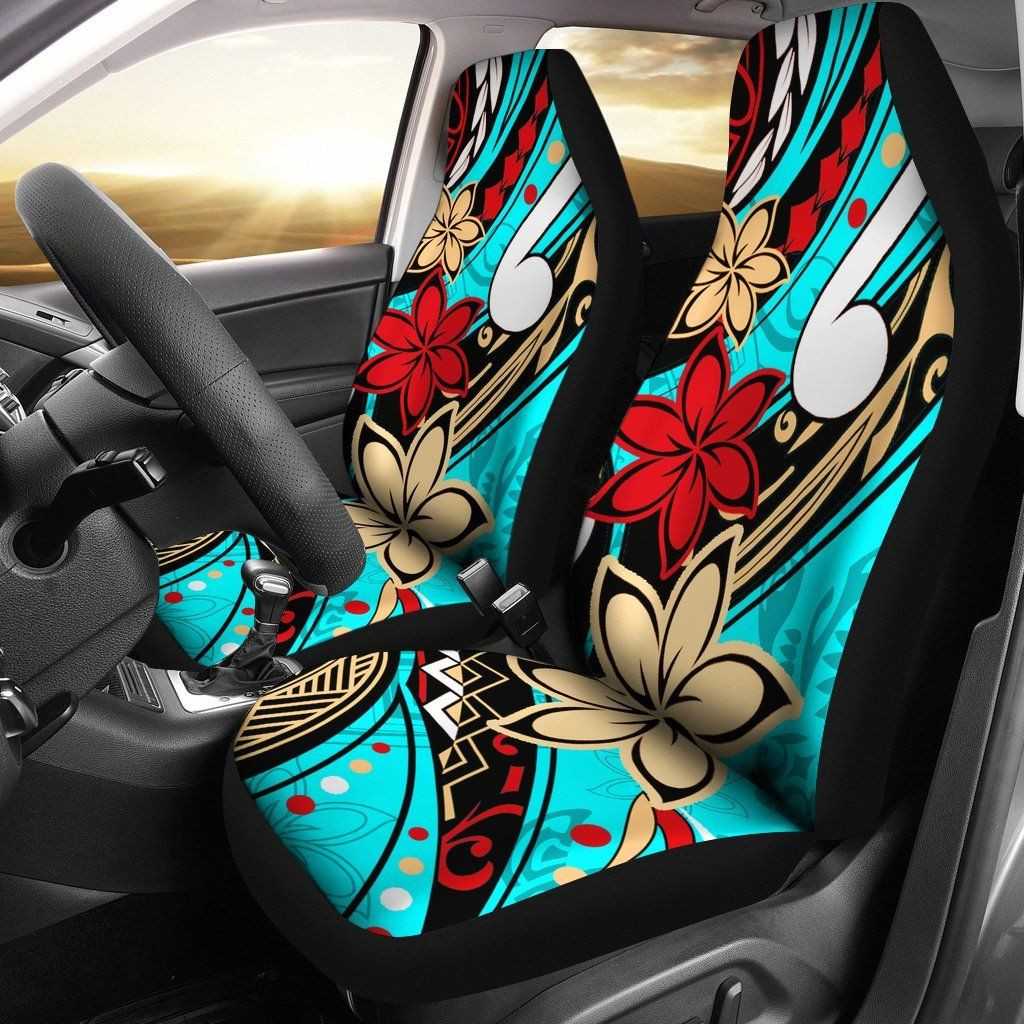 Personalized Polynesian Tribal Flower With Special Turtles Blue Color Bn Universal Front Car Seat Cover
