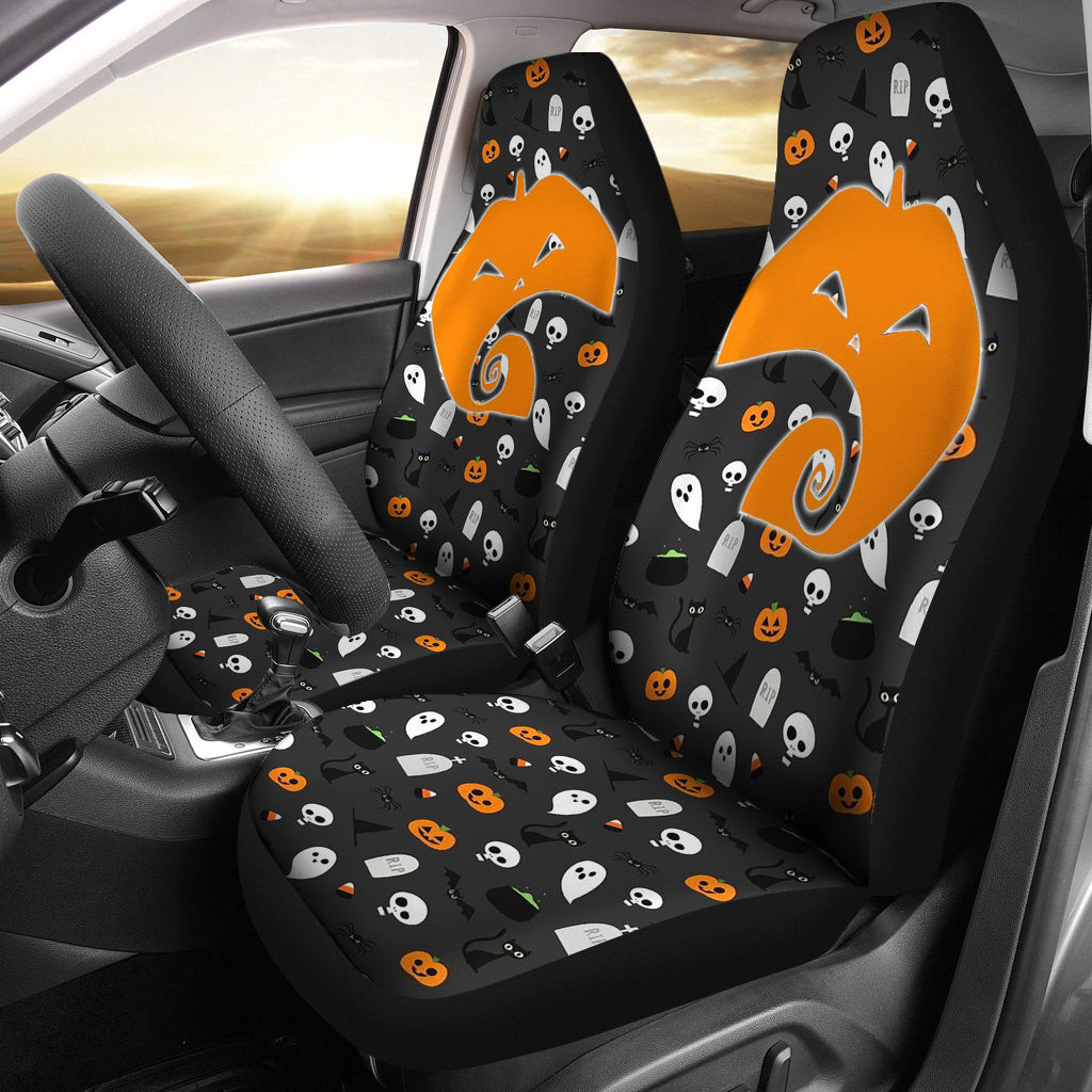Personalized Halloween Halloween Symbol Patterns Pumpkin Skull Black Cat Bat Universal Front Car Seat Cover