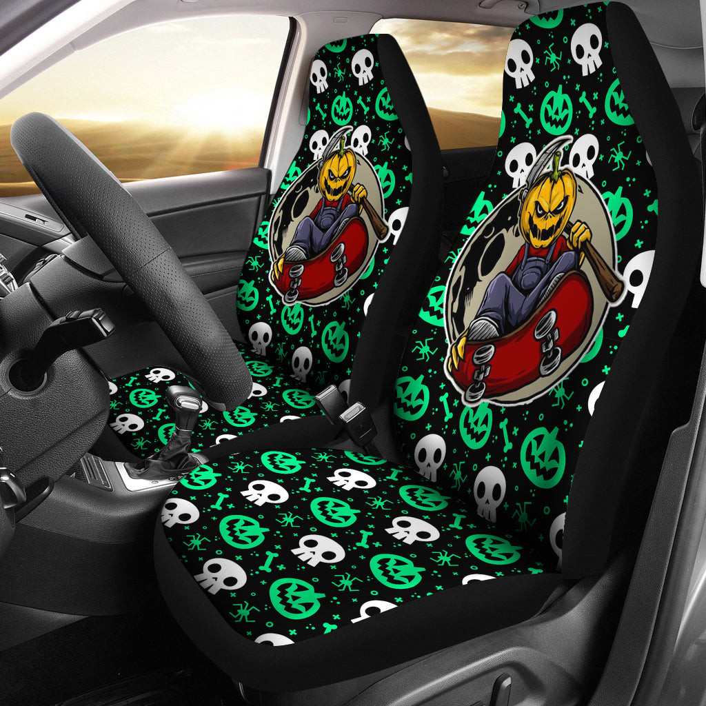 Personalized Halloween Ghost Skating Pumpkin Head Halloween Background Universal Front Car Seat Cover
