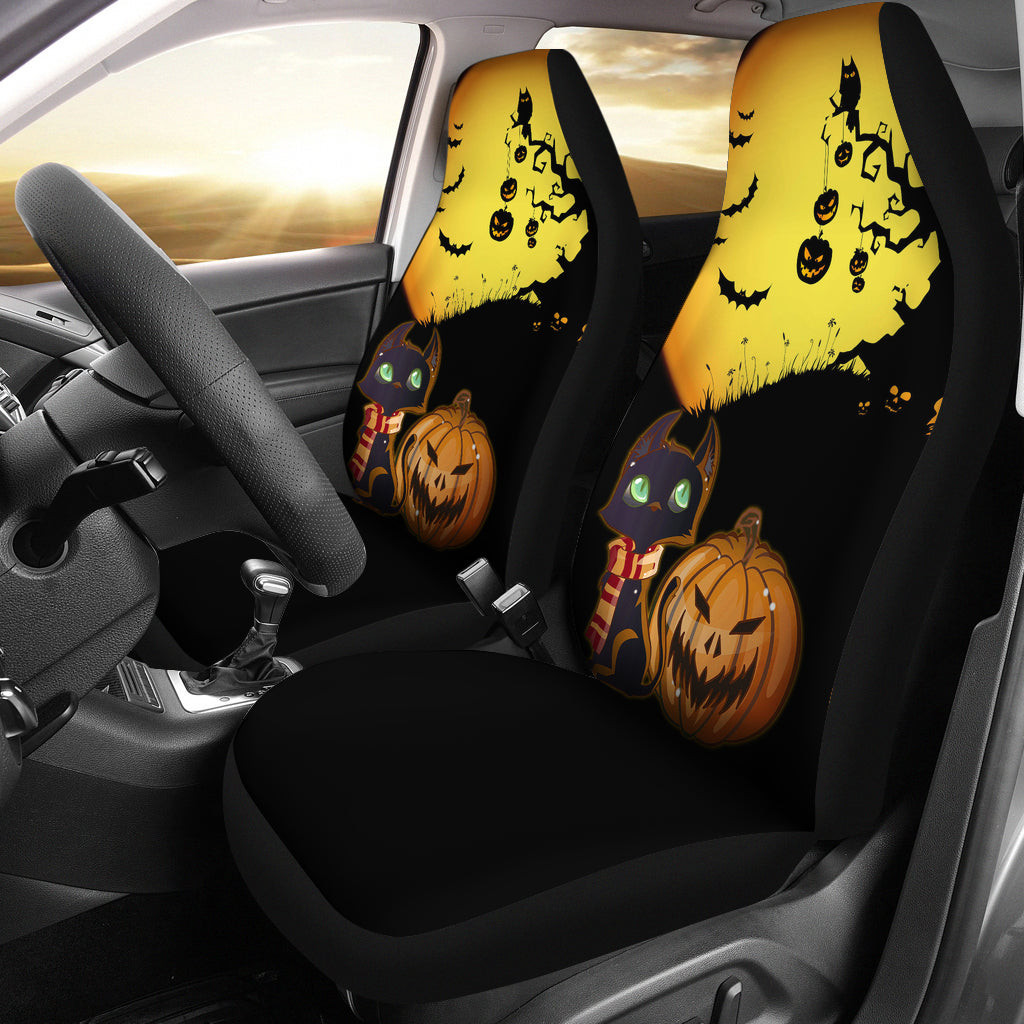 Personalized Halloween Black Cat With Halloween Tree Moon Pumpkin Universal Front Car Seat Cover