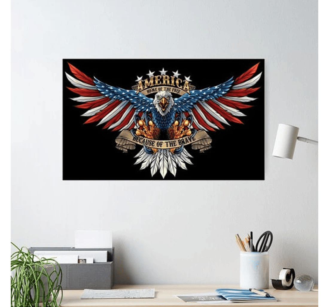 Poster, Canvas - Happy Independence Day 4th Of July Patriotic American Eagle Print Framed Wall Art