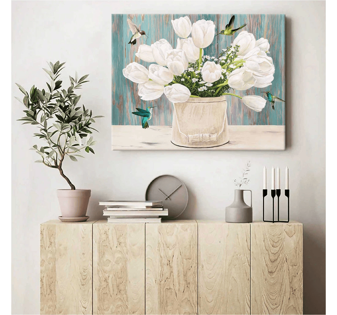 Poster, Canvas - Top 10 Beautiful Tulip Flowers And Hummingbird On Teal Print Framed Wall Art