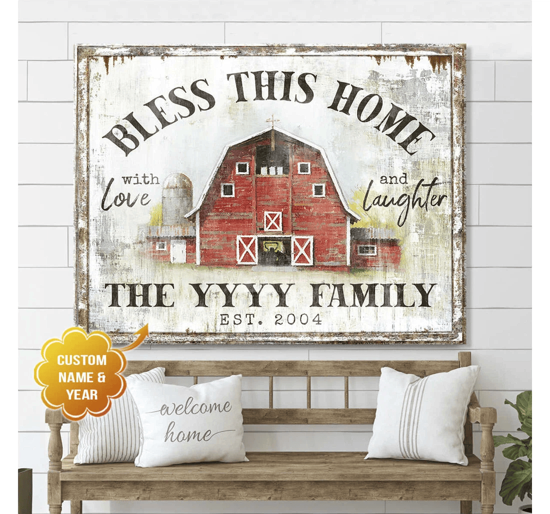 Poster, Canvas - Gorgeous Barn Bless This With Love And Laughter Custom Name And Year Print Framed Wall Art