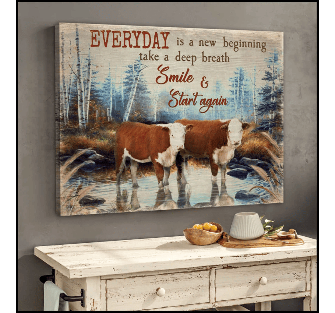 Poster, Canvas - Hereford Cows Everyday Is A New Beginning Print Framed Wall Art