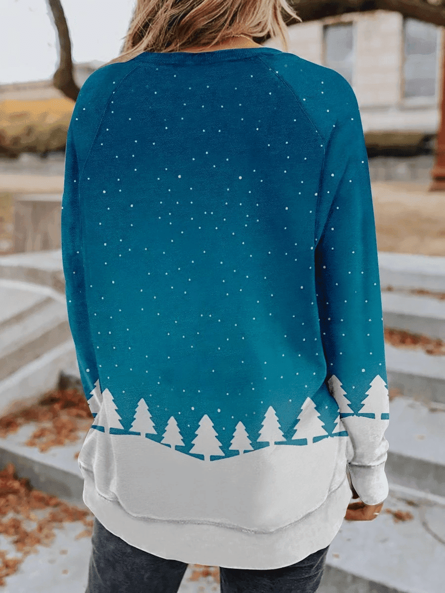 Snowy Reindeer With Red Hat Christmas Print Long Sleeve Sweatshirt