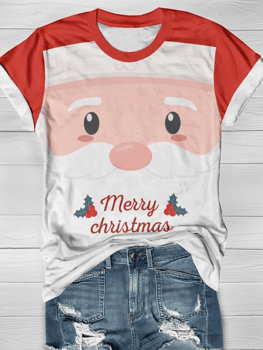 Merry Christmas Cute Santa Costume Print Short Sleeve T-shrit