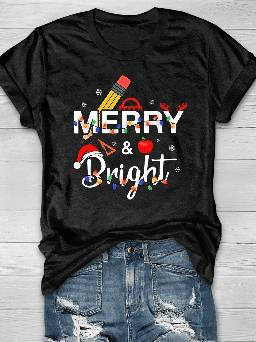 Merry And Bright Teacher Christmas Print Short Sleeve T-shirt