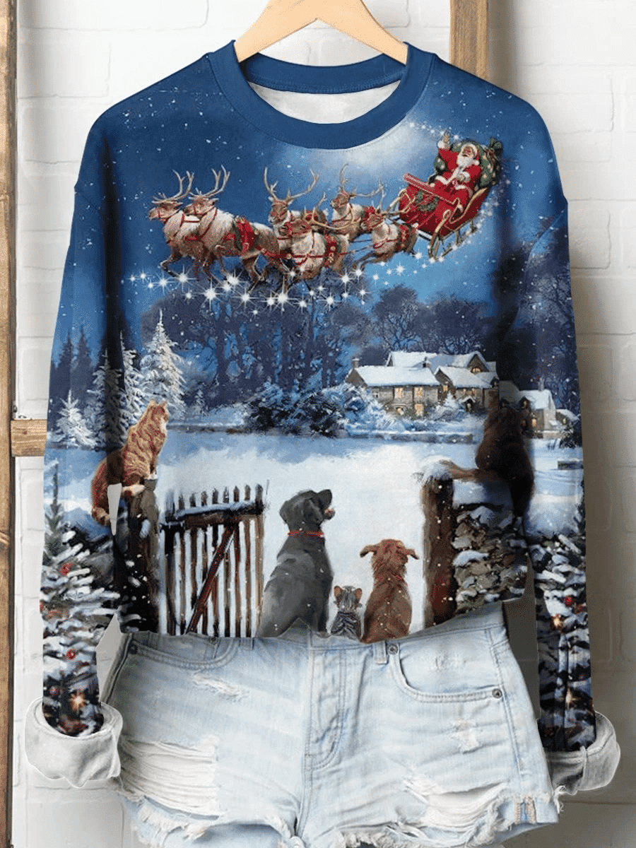 Cats And Dogs Watching Santa Christmas Print Long Sleeve Sweatshirt