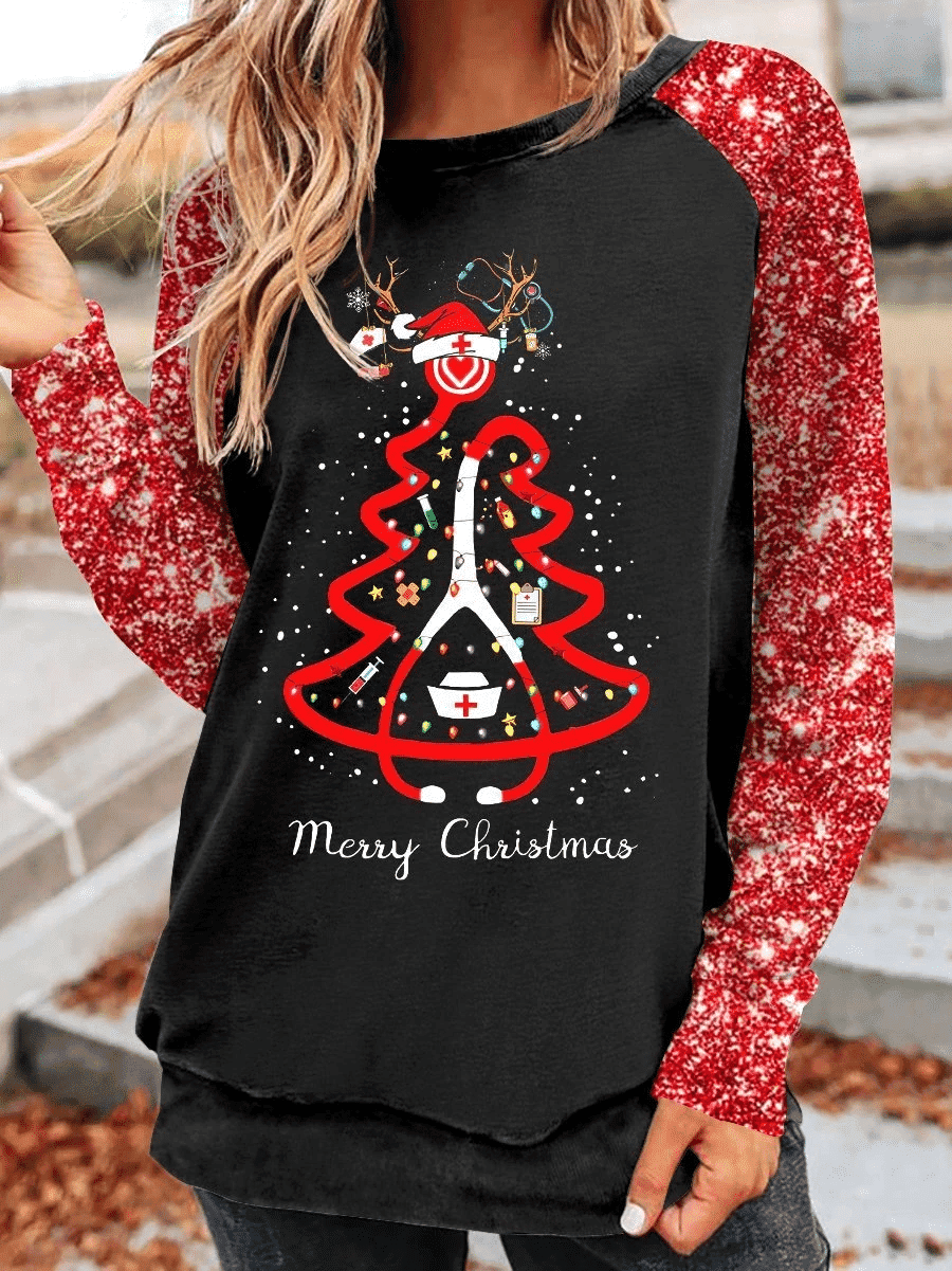 Christmas Nurse Print Long Sleeve Sweatshirt