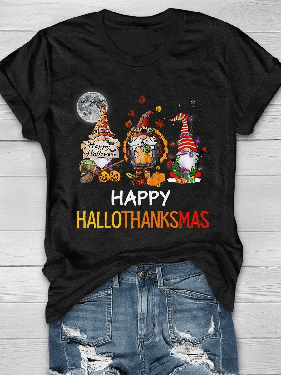 Happy Hallothanksmas Print Short Sleeve T-shirt