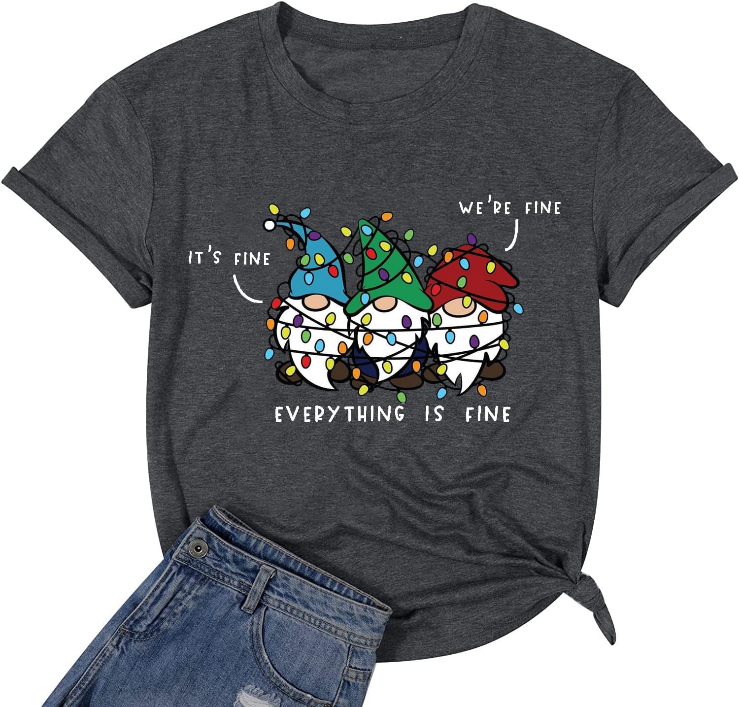 It's Fine We're Fine Everything is Fine Shirt for Women Christmas Gnomes Tshirt Cute Funny Graphic Holiday Tee Tops