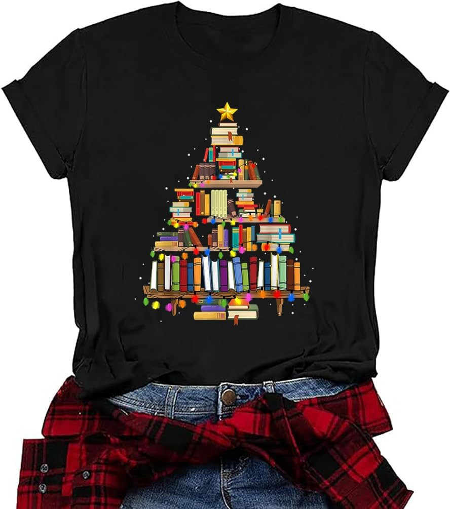 Christmas Books Tree T-Shirt Women Teachers Love Reading Xmas Gift Tee School Christmas Holidays Casual O-Neck Tshirts