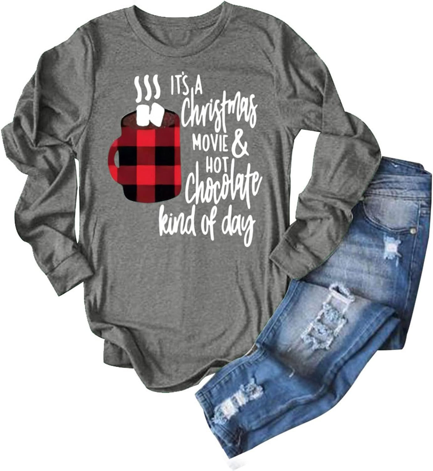 Christmas Shirts for Women This is My Christmas Movies Watching Plaid Tees Long Sleeve Merry Xmas Coffee Splicing Tops