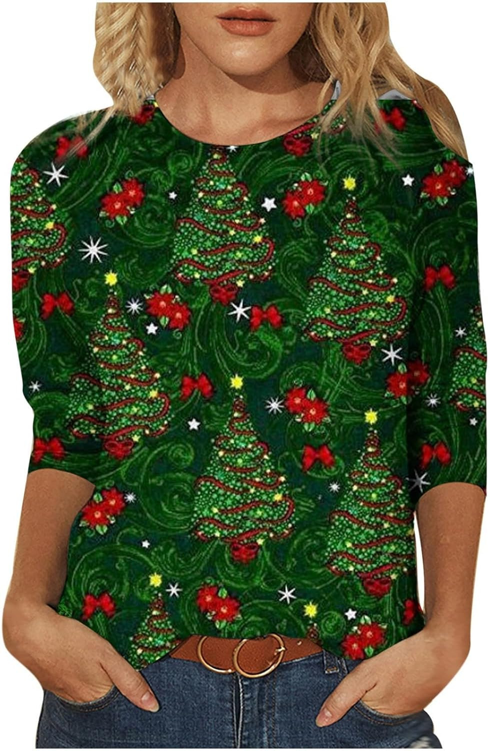 Christmas Shirts for Women Glitter Xmas Tree Printed 3\/4 Sleeve Tops Blouses Dressy Casual Crew Neck Holiday T-Shirts