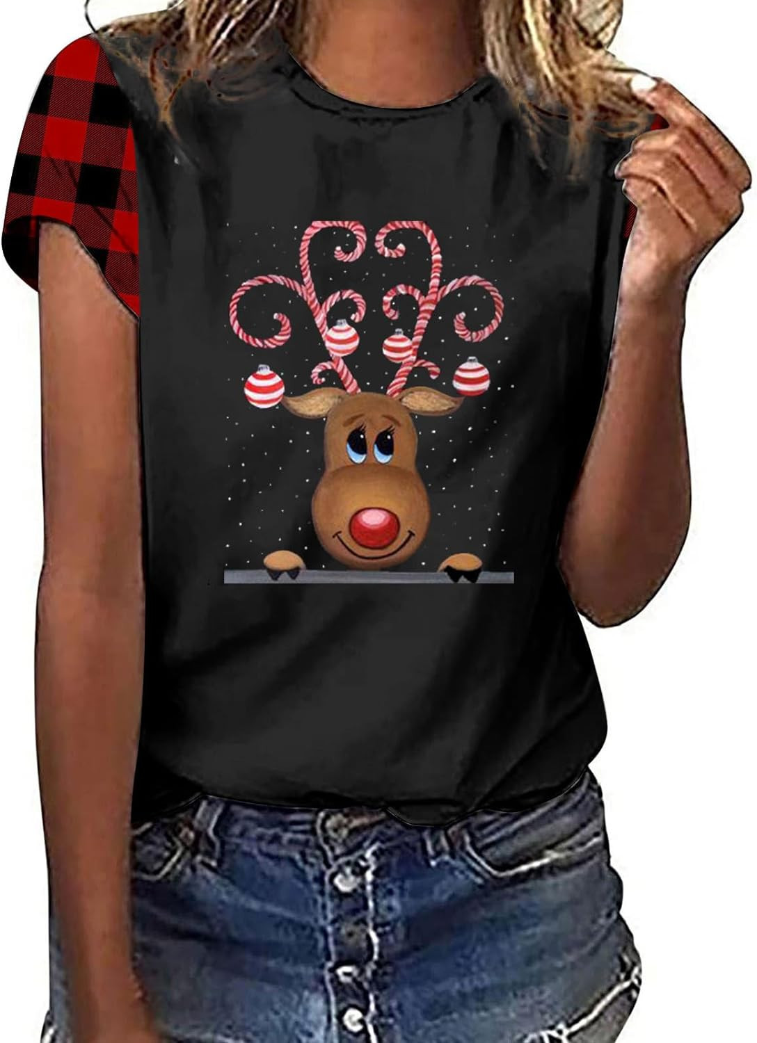 Ugly Christmas Shirts for Women Reindeer Graphic Plaid Short Sleeve Tshirt Workout Crewneck Tops Holiday Tunic Blouse Tees