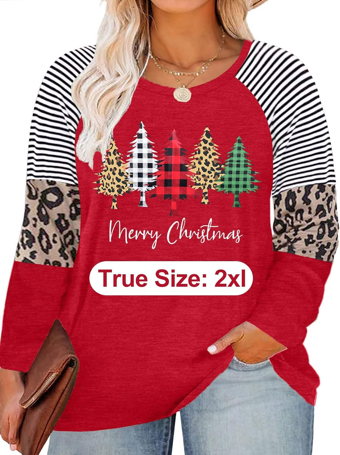 Plus Size Christmas T Shirt Women Xmas Leopard Plaid Trees Print Tees Casual Long Sleeve Holiday Shirts Top