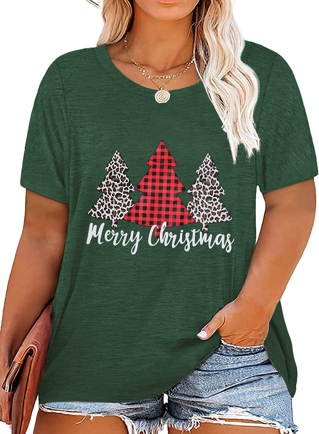 Women Plus Size Christmas Shirt Funny Merry Christmas Tree Short Sleeve T-Shirt Leopard Plaid Xmas Tree Tee Tops