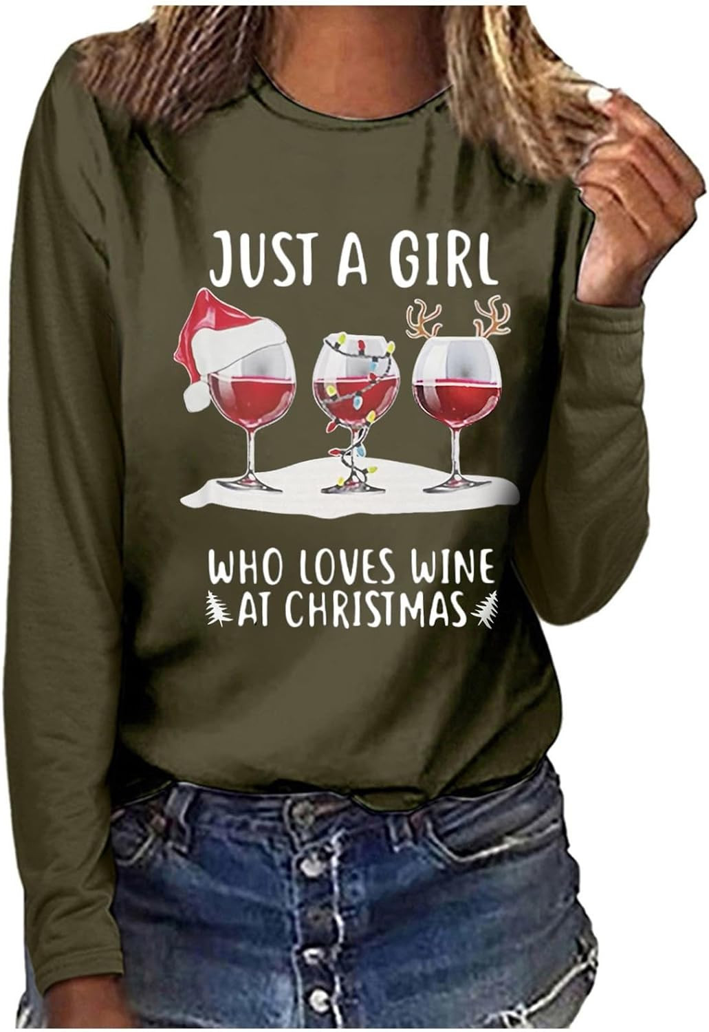 Mzkdieey Women Just A Girl Who Loves Wine at Christmas T-Shirt Red Wine Glass Christmas Shirt Santa Hat Long Sleeve Tee Tops