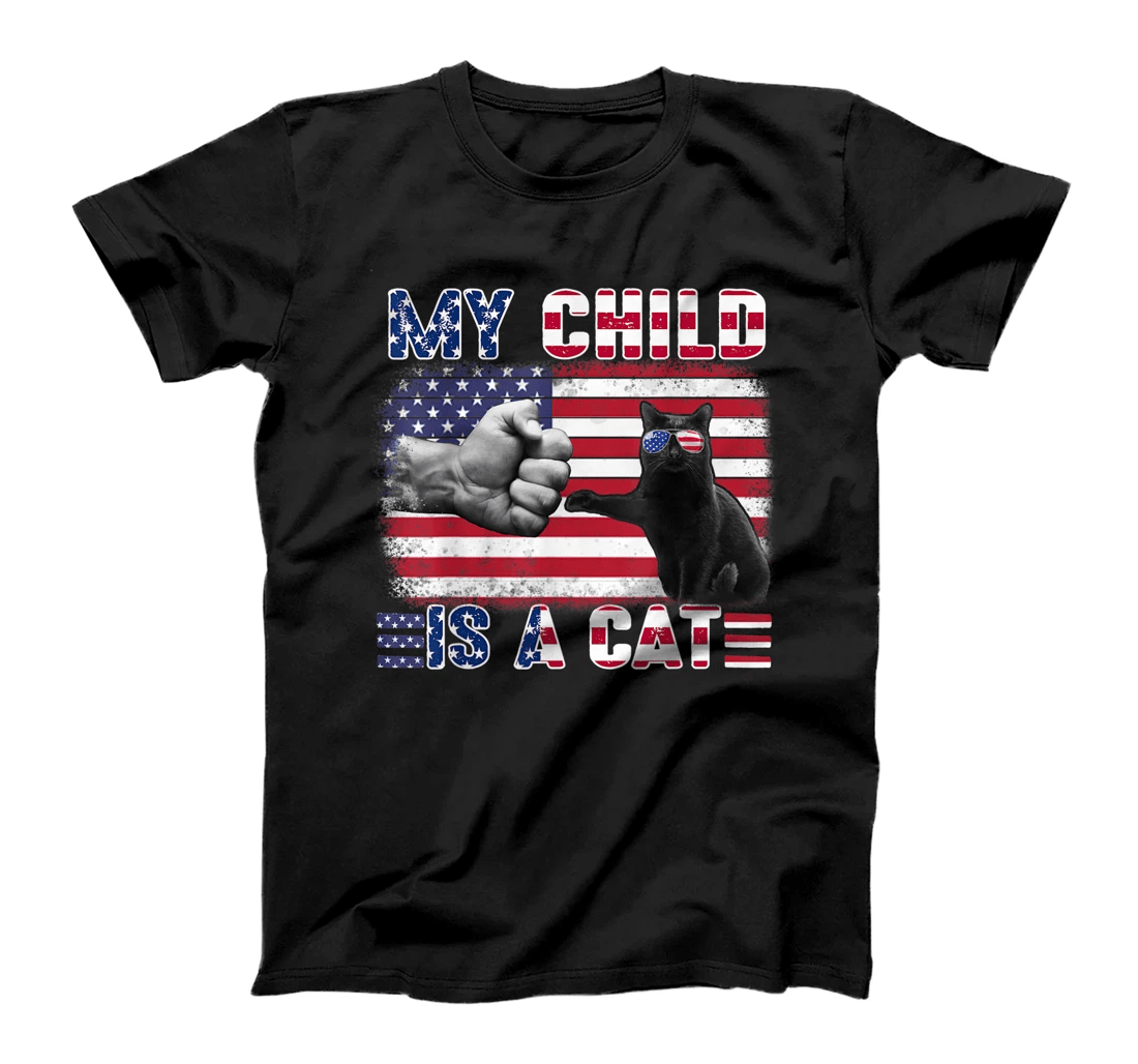 Funny Cat Wear American Flag Glasses Touching Hand Apparel T-Shirt