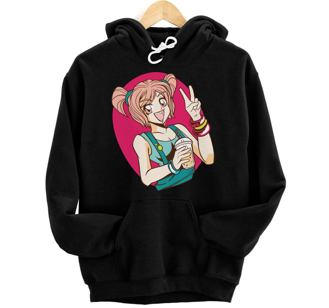 Cute Kawaii Anime Girl Drinking Bubble Tea - Pink Hair Pullover Hoodie