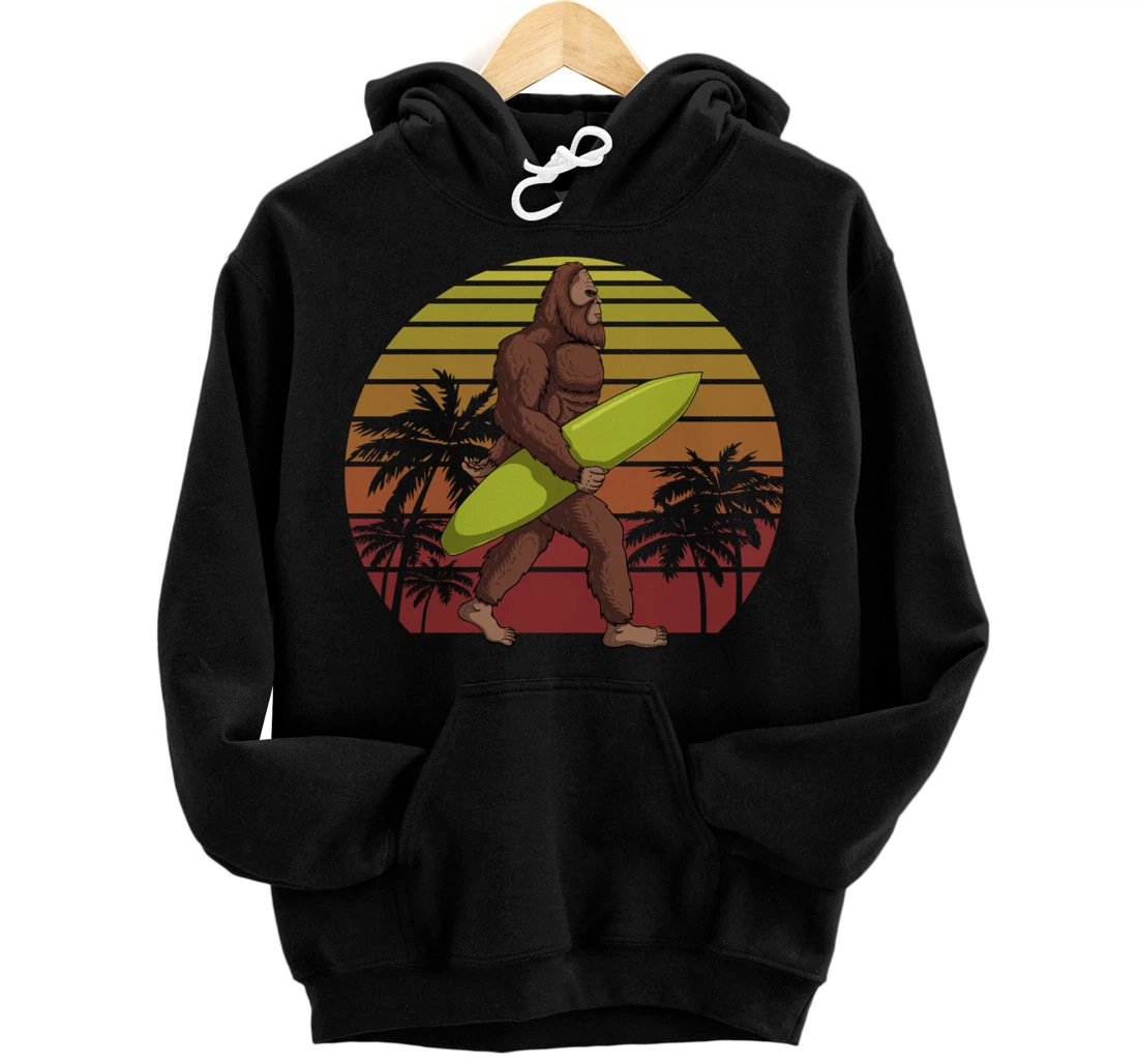 Retro Bigfoot Surfer Sunset Funny Beach Surfing Pullover Hoodie