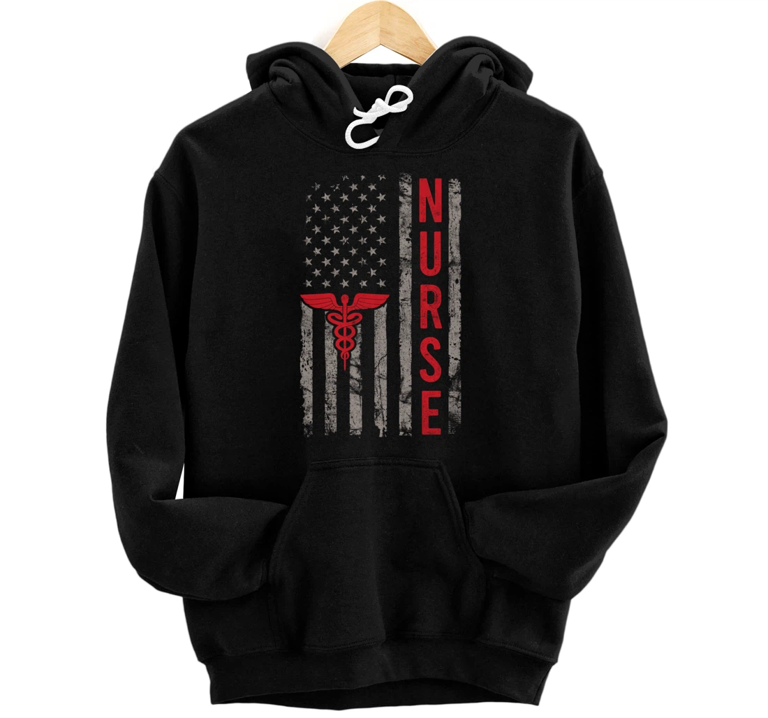 Nursing Graphic Tee: Thin Red Line USA Flag Patriotic Nurse Pullover Hoodie