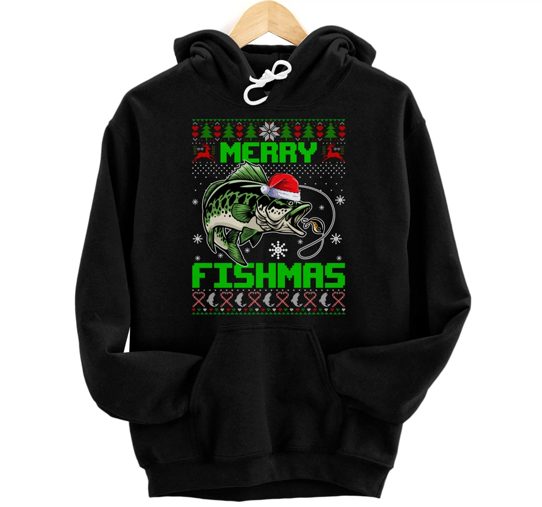 Personalized Fishing Christmas Merry Fishmas Bass Fish Ugly Xmas Sweater Pullover Hoodie