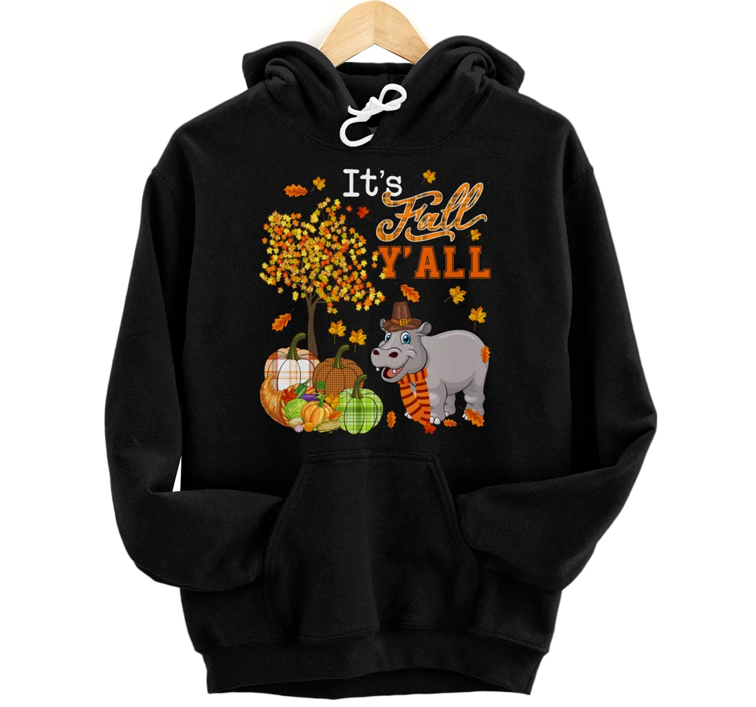 Personalized It's Autumn Y'all Thanksgiving Hippo Fall Tree Pumpkins Pullover Hoodie