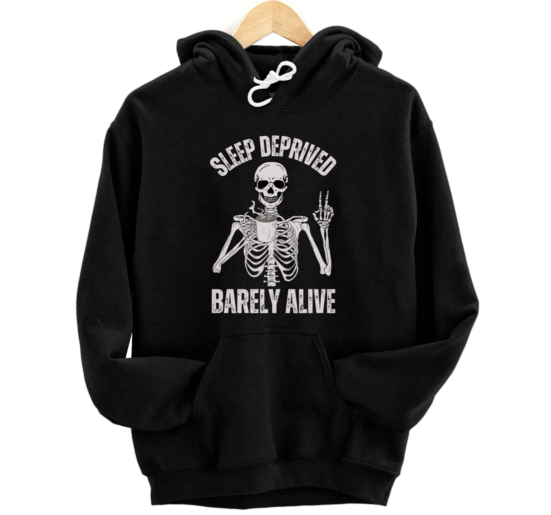 Personalized Retro Sleep Deprived Barely Alive Funny Skeleton Halloween Pullover Hoodie