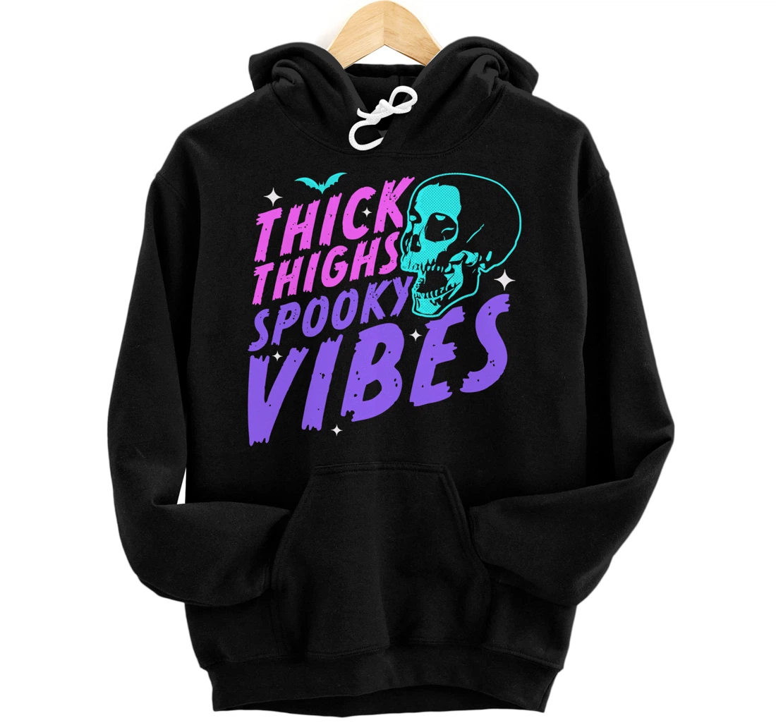 Personalized Thick Thighs Spooky Vibes Funny Halloween Skull Pastel Goth Pullover Hoodie