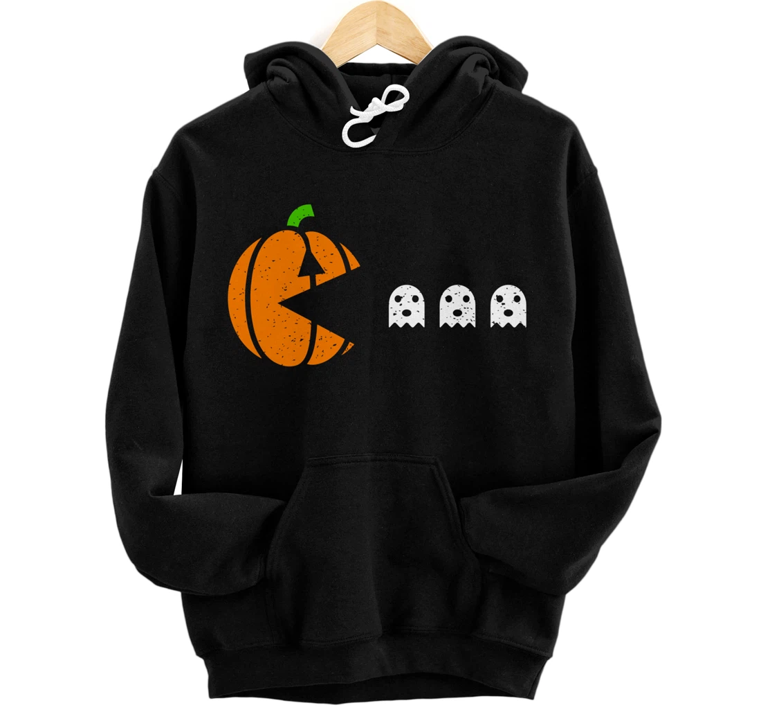 Personalized Funny Halloween Pumpkin Eating Ghost, Gamer Men Women Kids Pullover Hoodie