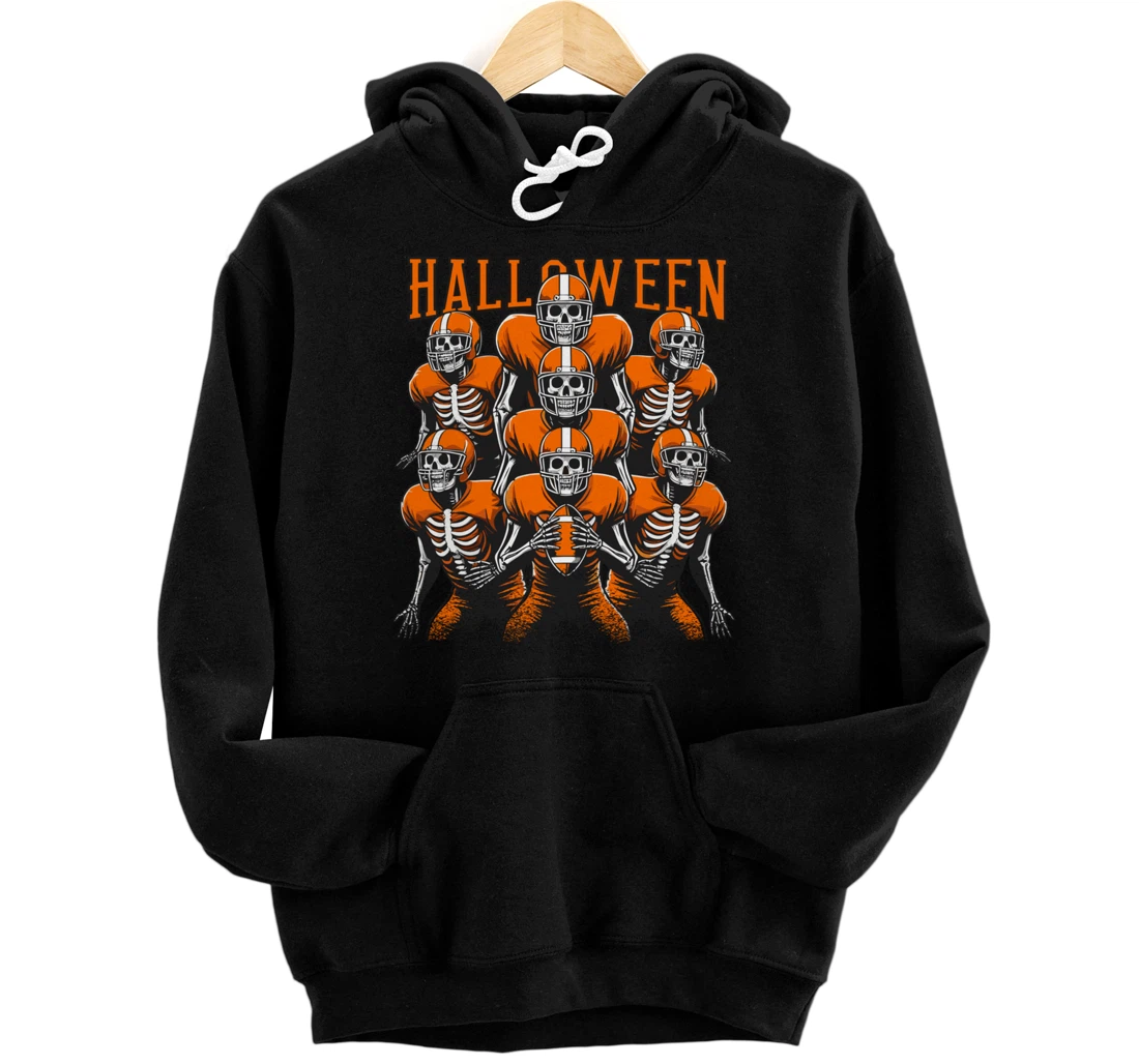 Personalized American Football Skeleton Halloween Spooky Men Women Kids Pullover Hoodie