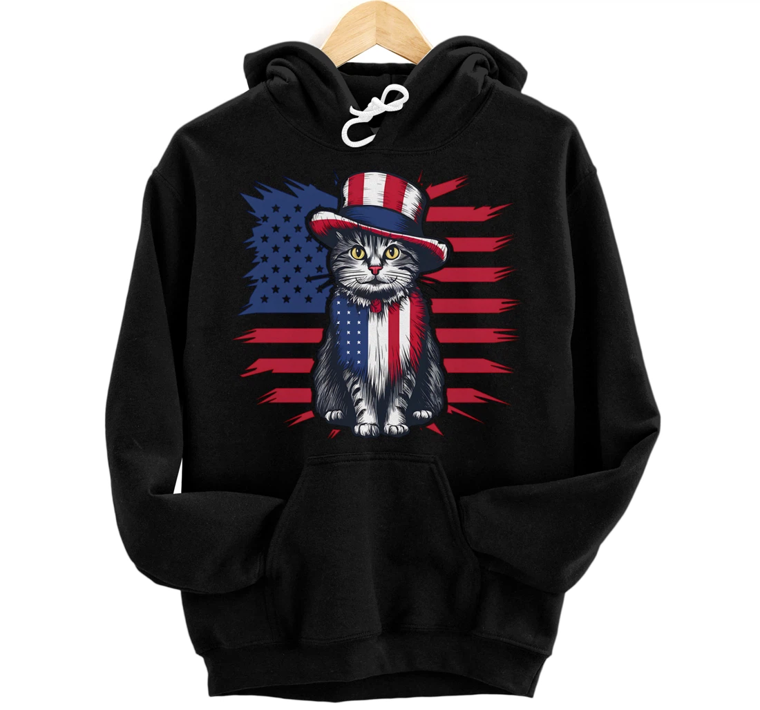 Personalized Patriotic Cat American Flag 4th of July Independence Day Pullover Hoodie