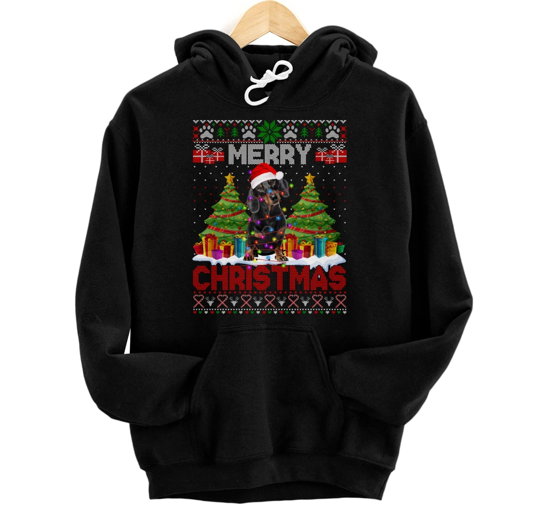 Personalized Merry Christmas Santa Light Dachshund Family Ugly Sweater Pullover Hoodie