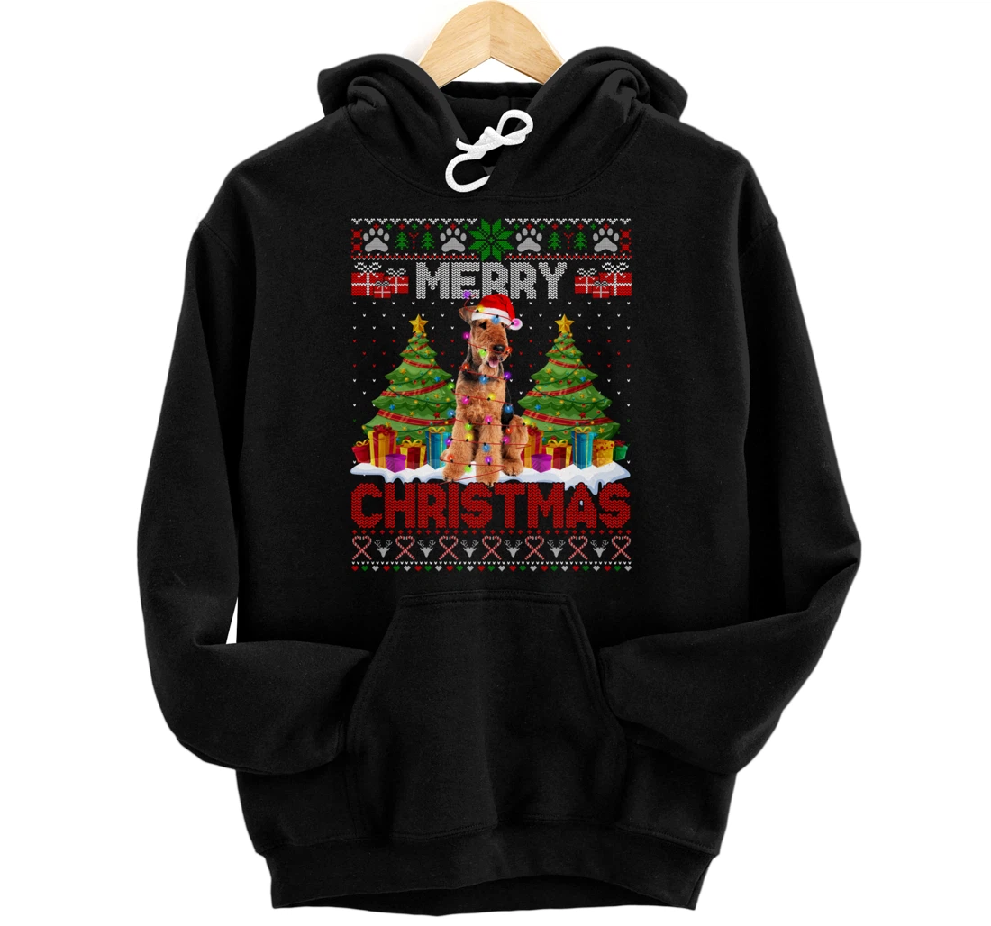 Personalized Christmas Santa Light Airedale Terrier Family Ugly Sweater Pullover Hoodie