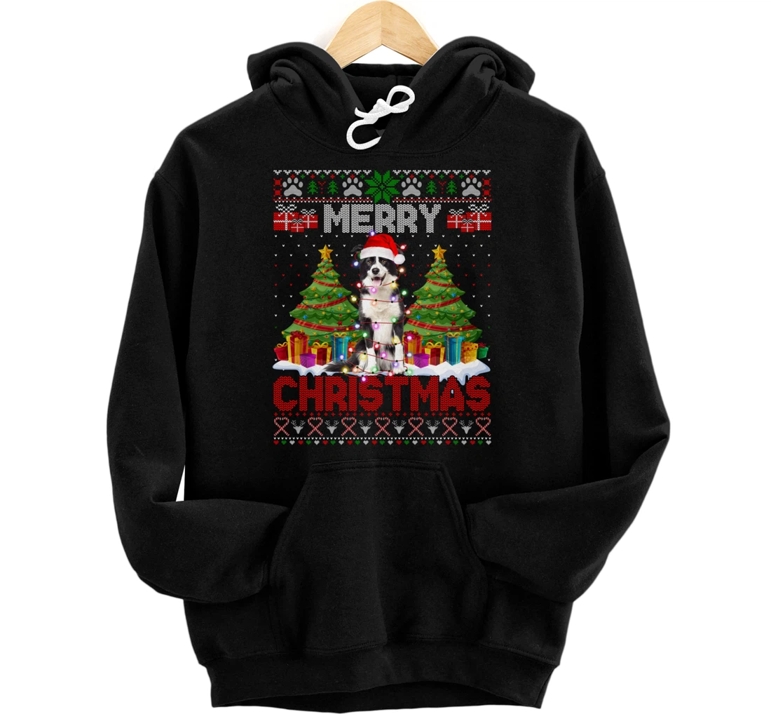 Personalized Christmas Santa Light Border Collie Family Ugly Sweater Pullover Hoodie